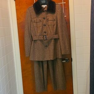 Brown Wool Pantsuit with Faux Fur Collar